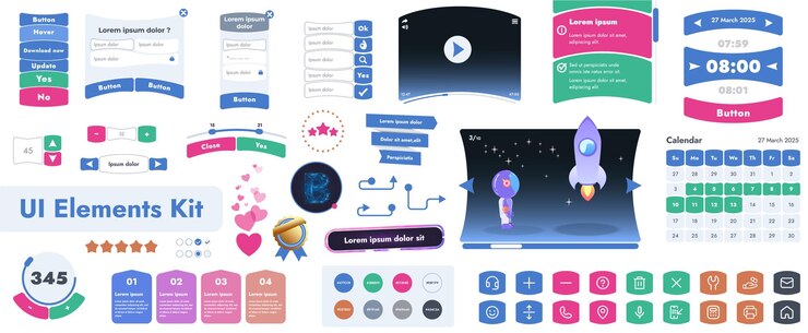 Vector un conjunto de elementos de interfaz de usuario (ui) destinado a su uso en aplicaciones móviles y sitios web. contiene una gran colección de botones de iconos y tiene formas redondeadas de dibujos animados.