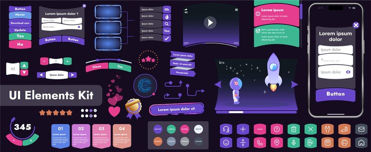 Vector un conjunto de elementos de interfaz de usuario (ui) destinado a su uso en aplicaciones móviles y sitios web. contiene una gran colección de botones de iconos y tiene formas redondeadas de dibujos animados.