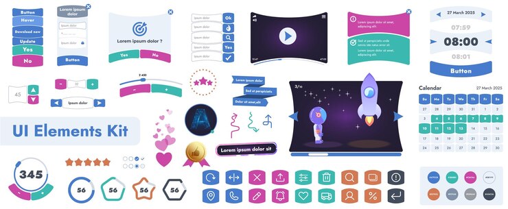 Vector un conjunto de elementos de interfaz de usuario (ui) destinado a su uso en aplicaciones móviles y sitios web. contiene una gran colección de botones de iconos y tiene formas redondeadas de dibujos animados.