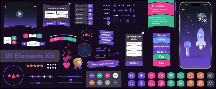 Vector un conjunto de elementos de interfaz de usuario (ui) destinado a su uso en aplicaciones móviles y sitios web. contiene una gran colección de botones de iconos y tiene formas redondeadas de dibujos animados.