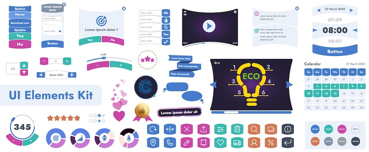 Vector un conjunto de elementos de interfaz de usuario (ui) destinado a su uso en aplicaciones móviles y sitios web. contiene una gran colección de botones de iconos y tiene formas redondeadas de dibujos animados.