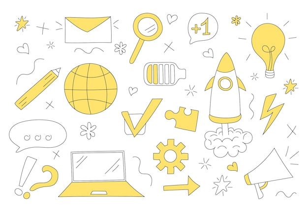 Conjunto con elementos de Internet Concepto de tecnología web Ilustración vectorial dibujada a mano