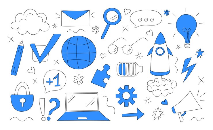 Vector conjunto con elementos de internet concepto de tecnología web ilustración vectorial dibujada a mano