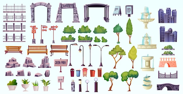 Conjunto de elementos de inventario de parque Colección de valla banco árbol arbusto lámpara arco puerta roca ciudad rascacielos puente aislado sobre fondo blanco vector ilustración