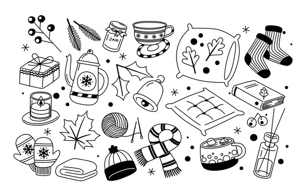 Conjunto de elementos de invierno acogedor y cálido Ropa aislada y regalos Vector Ilustración