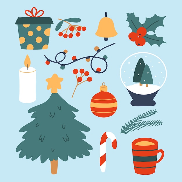 Conjunto de elementos de invierno Colección de objetos de invierno Árbol de Navidad regalo guirnalda vela de acebo Ilustración vectorial Decoración navideña Estilo plano