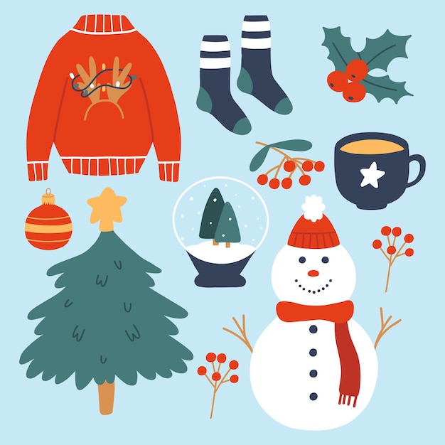 Conjunto de elementos de invierno Colección de objetos de invierno Suéter muñeco de nieve Calcetines de árbol de Navidad Ilustración vectorial Decoración navideña Estilo plano
