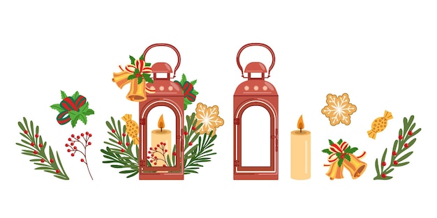 Conjunto de elementos de invierno linternas navideñas y decoración navideña Conjunto delicioso de elementos navideños