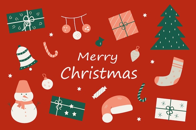 Conjunto de elementos de invierno de Navidad, tarjeta de felicitación de vector con dibujos de Navidad.