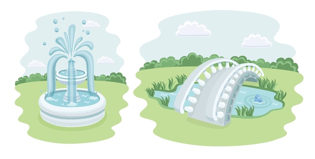 Conjunto de elementos isométricos de varios jardines del paisaje del parque