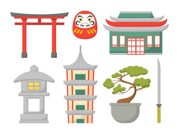 Conjunto de elementos japoneses concepto edificios orientales tradicionales y sakura en maceta cerámica de asia oriental