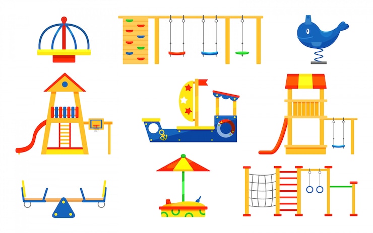 Vector conjunto de elementos de juegos infantiles. carruseles, toboganes, escaleras, arenero de madera. equipo de juego para recreación activa de niños.