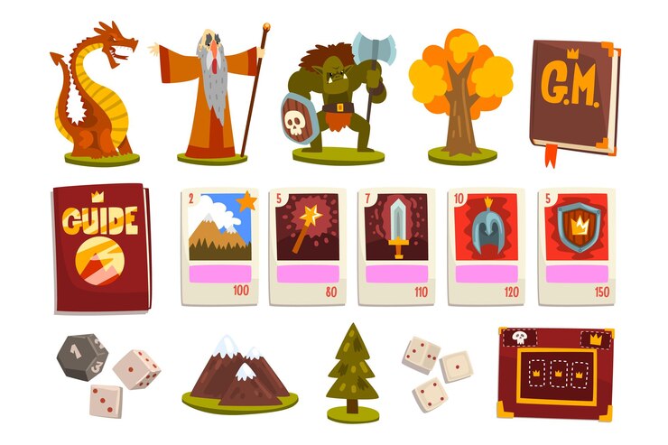 Vector conjunto de elementos de juegos de tablero mágico de fantasía figuras de monstruo dragón mago y cartas de juego ilustración vectorial de dibujos animados