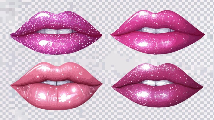 Vector conjunto de elementos de labios rosados vibrantes en un fondo transparente para proyectos de diseño