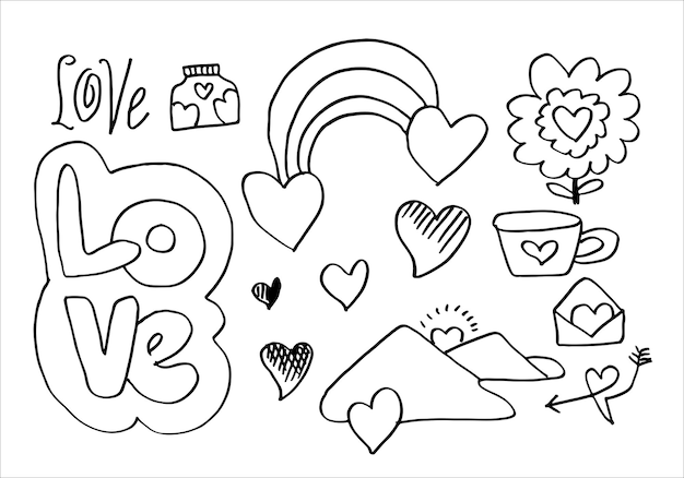 Vector conjunto de elementos lindos del doodle del día de san valentín corazones flores colina de la taza de té y más ilustración vectorial para su diseño