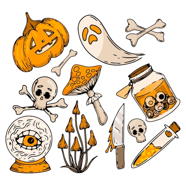 Vector conjunto de elementos lindos de halloween dibujados a mano