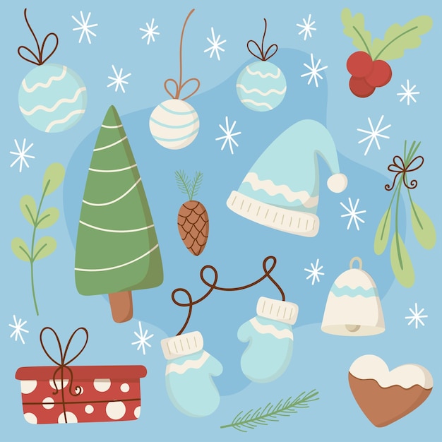 Conjunto de elementos lindos de Navidad o año nuevo sobre fondo azul Acogedor clip art vectorial dibujado a mano