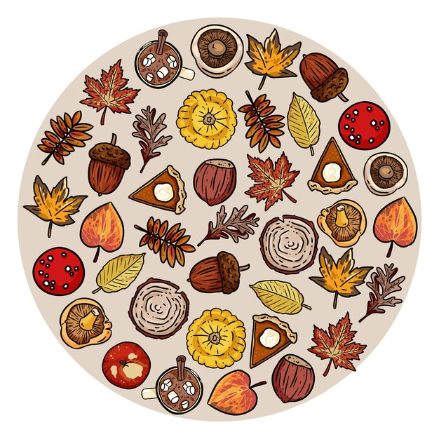 Conjunto de elementos lindos del otoño en un círculo. Hojas, hojas, chocolate, pastel, manzana