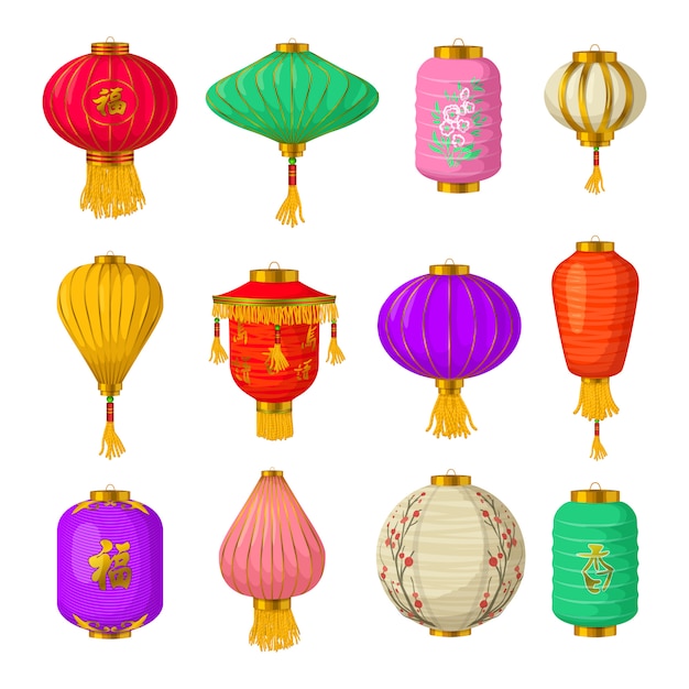Conjunto de elementos de linternas de papel chino, estilo de dibujos animados