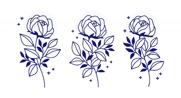 Conjunto de elementos de logotipo de hoja y flor de rosa azul botánica dibujados a mano