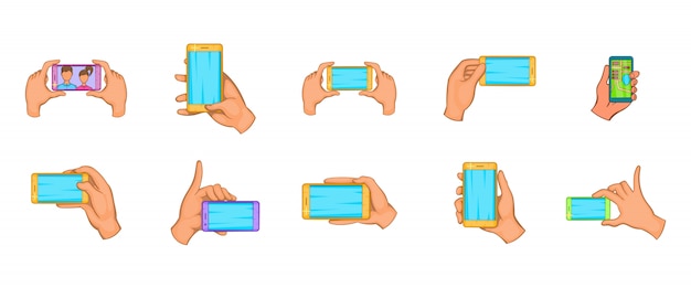 Conjunto de elementos de mano smartphone. Conjunto de dibujos animados de elementos de vector de smartphone de mano