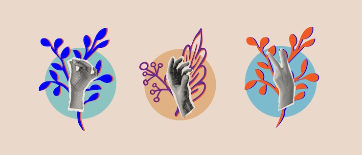 Vector conjunto de elementos con manos y forma recortada y flores conjunto vectorial vintage efecto de medio tono retro