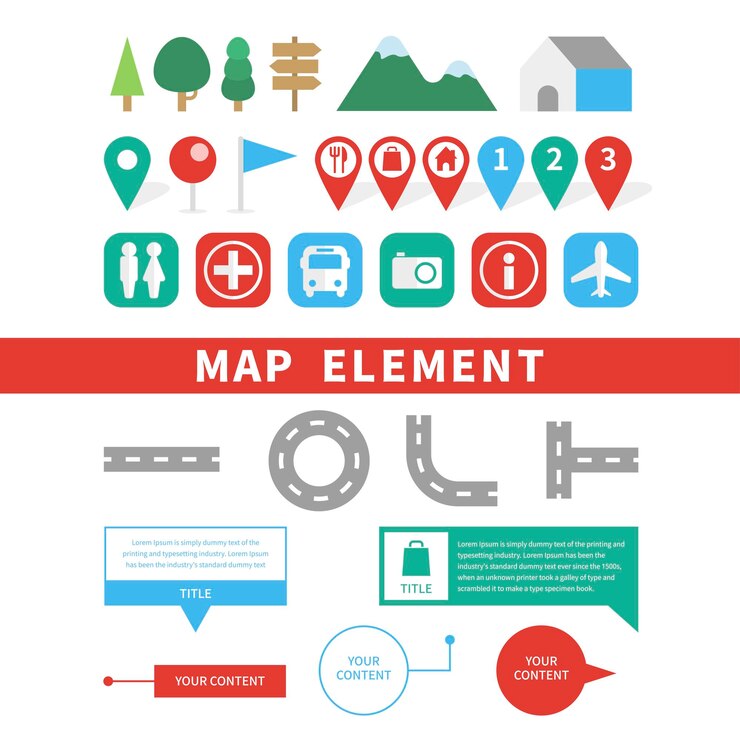 Conjunto de elementos del mapa y diferentes tipos de cuadros de información