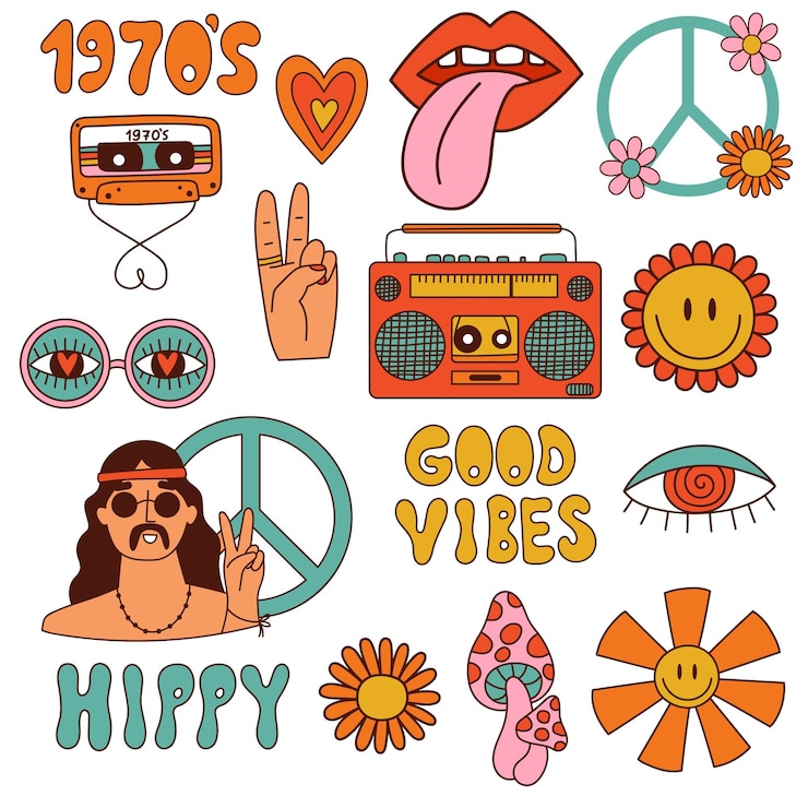 Vector conjunto de elementos maravillosos de retro 70s. colección hippy. ilustración vectorial