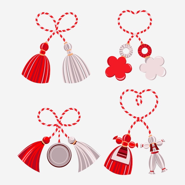 Conjunto de elementos de Martisor significan el símbolo moldavo, rumano y búlgaro para el comienzo de la primavera
