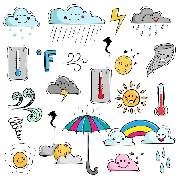 Conjunto de elementos meteorológicos coloridos con estilo Doodle y cara Kawaii