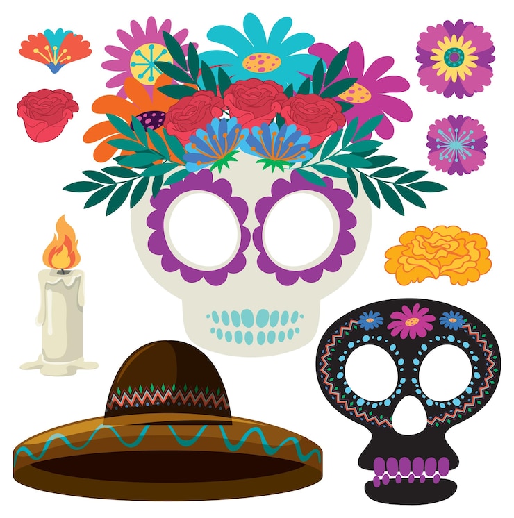 Vector conjunto de elementos mexicanos del día de los muertos.