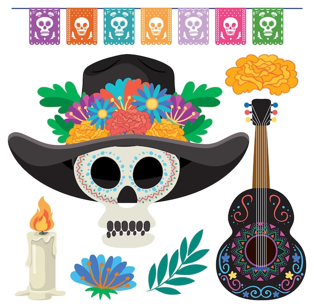 Conjunto de elementos mexicanos del día de los muertos.