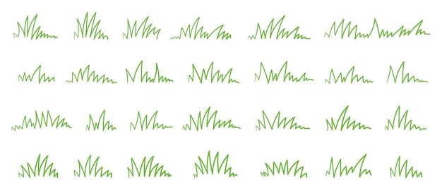 Conjunto de elementos minimalistas de línea de hierba verde en varios ángulos y formas