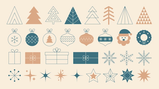 Conjunto de elementos minimalistas vintage de Navidad en estilo lineal y plano árboles de Navidad bolas regalos