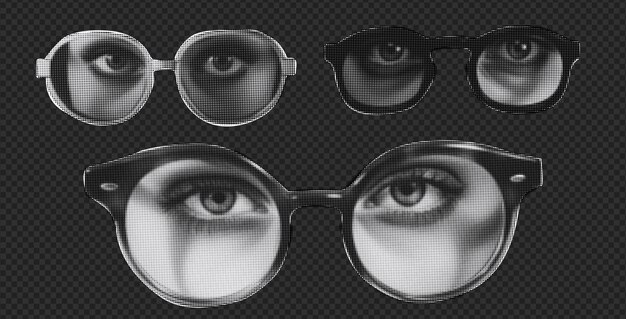 Vector conjunto con elementos de moda ojos de mujeres y hombres en gafas de estilo de semitono ilustración vectorial en retro