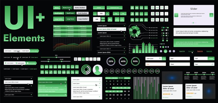 Vector un conjunto de elementos modernos de interfaz web verde diseñados para el desarrollo y diseño de sitios web