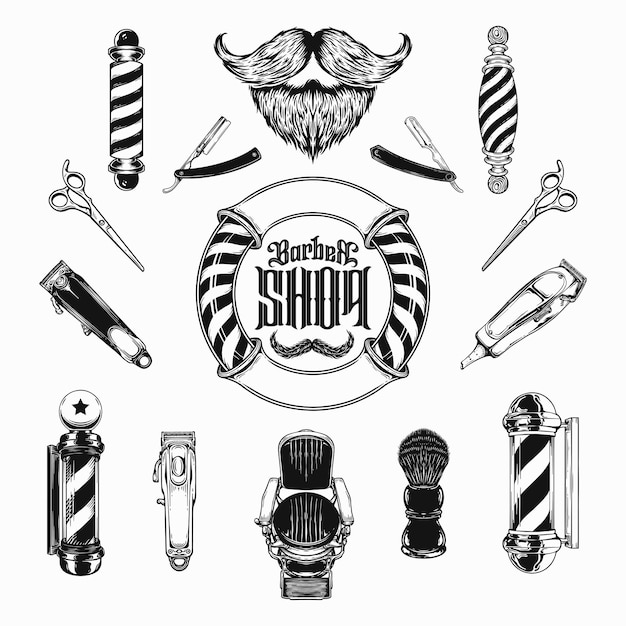 Vector conjunto de elementos monocromáticos antiguos barbería concepto de diseño de logotipo vectorial color negro y blanco