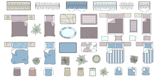Conjunto de elementos de muebles de colores para dormitorio, casa, apartamento, sala de estar Vista superior. Icono de interior, camas, sillones, planta, carpinteros. Símbolos de muebles para diseño de interiores. Colección de vectores aislados