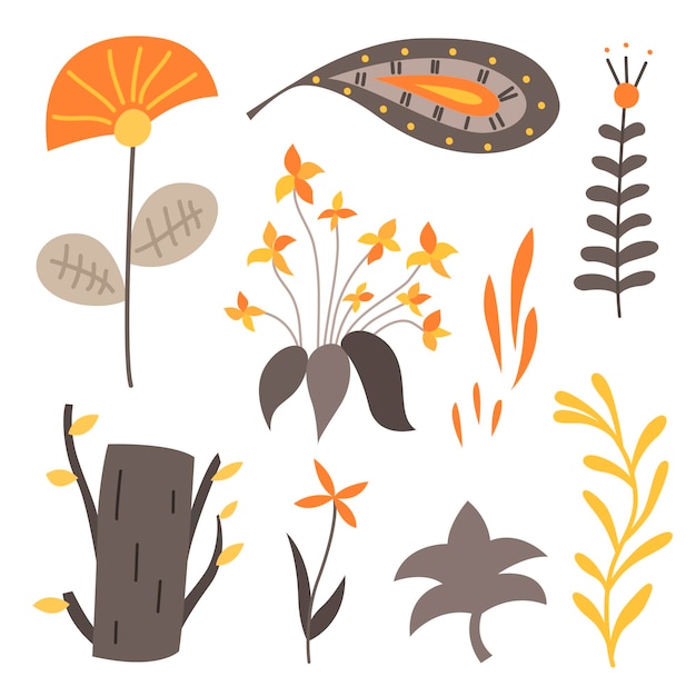 Conjunto de elementos naturales en un estilo escandinavo sobre fondo blanco Ilustración de vector plano