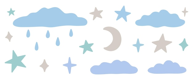 Un conjunto de elementos de la naturaleza nubes estrellas una luna creciente aislada sobre un fondo blanco Vector ilustración dibujada a mano en un estilo plano Perfecto para decoraciones logotipo varios diseños