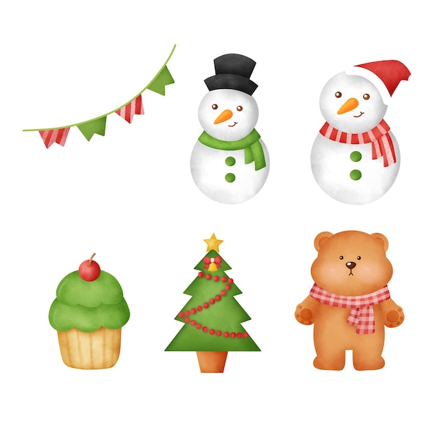 Conjunto de elementos de Navidad acuarela dibujados a mano.