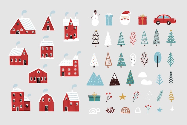 Conjunto de elementos de Navidad y Año Nuevo Conjunto de casas de invierno ilustración vectorial de Navidad
