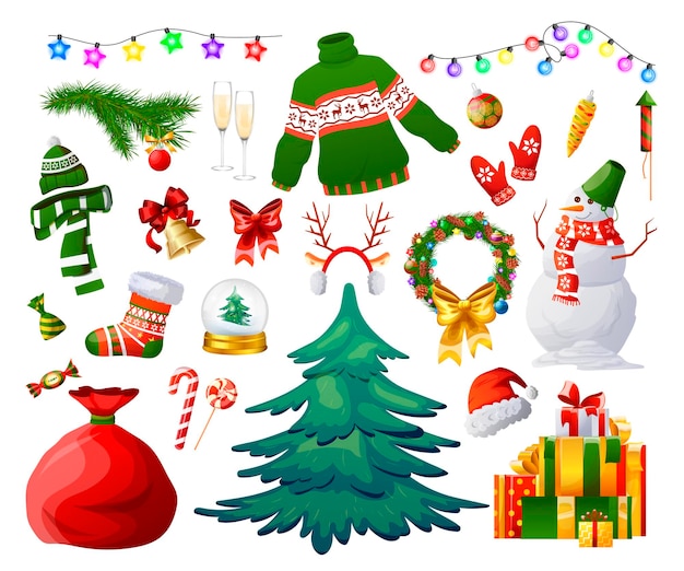 Conjunto de elementos de navidad año nuevo sobre fondo blanco garland muñeco de nieve árbol campana regalo saco de regalos caramelos suéter de reno objetos aislados para fiesta de celebración ilustración vectorial