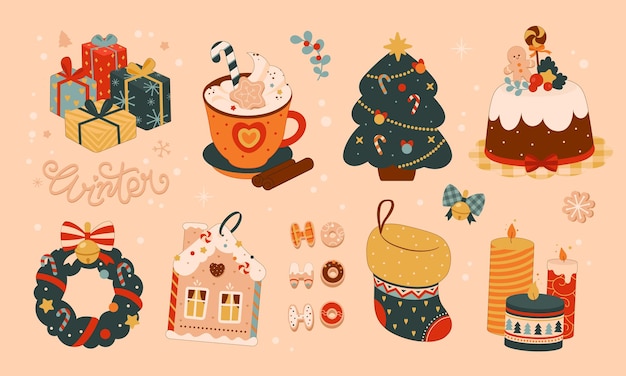 Conjunto de elementos de Navidad dibujados a mano en un estilo lindo y gracioso