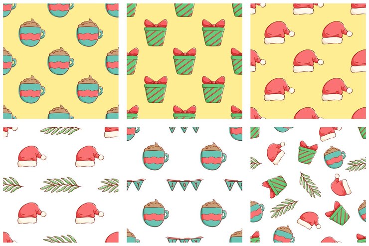 Vector conjunto de elementos de navidad lindos coloridos en patrones sin fisuras con sombrero y regalo de navidad de bombilla