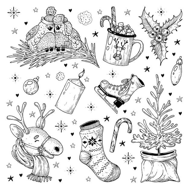Conjunto de elementos de Navidad de línea de tinta hecha a mano de vector