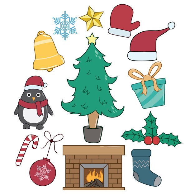 Conjunto de elementos de navidad o iconos con color y estilo doodle