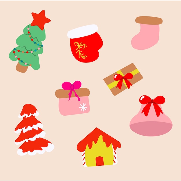 conjunto de elementos de navidad planos con casa y regalo en fondo pastel rosa