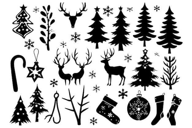 conjunto de elementos de Navidad vector silueta negra
