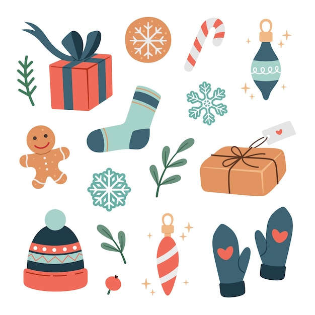 Conjunto de elementos navideños Colección de decoración de invierno de Navidad con pegatinas vectoriales